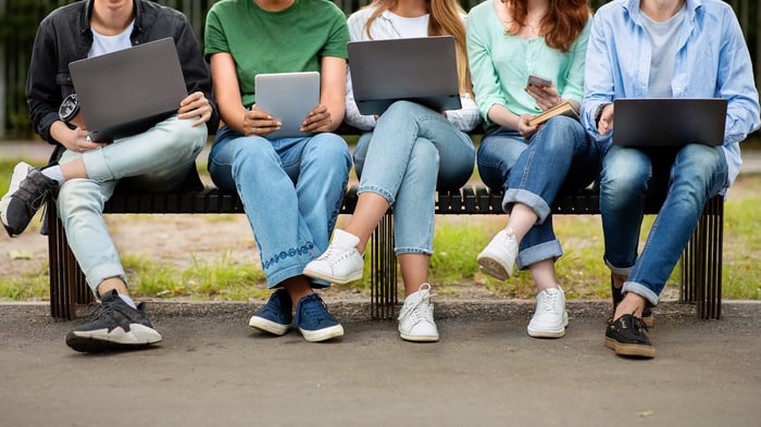 Students on campus using technology